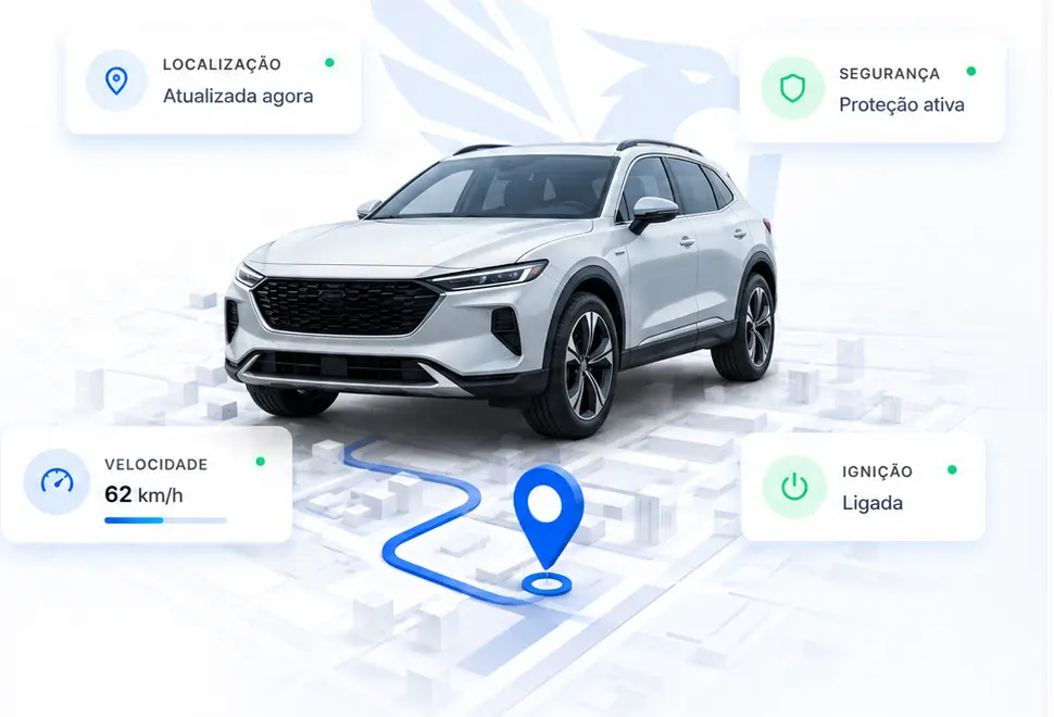 SUV protegido pela NEXA com mapa e indicadores de rastreamento